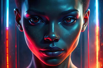 Abstract woman portrait with glass texture. Glitched and corrupted female face. Beautiful girl. Model hidden behind mirror pattern. Neon red and pink Reeded Glass. Ribbed Background.