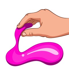 Illustration of a hand holding a pink slime. Sticky mass