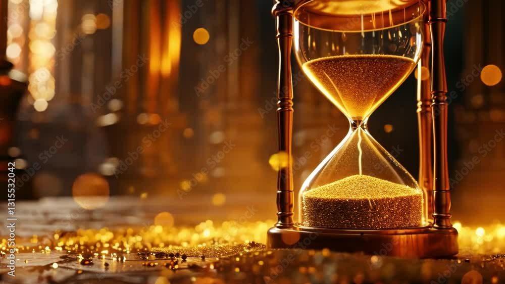 Poster glowing hourglass filled with golden sand on surface, surrounded by shimmering particles, creating m