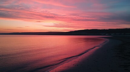 Spectacular sunset over tranquil ocean meeting sandy shore at twilight
