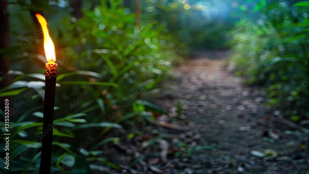Poster lit torch illuminates lush garden path, creating serene and mystical atmosphere with soft glow contr