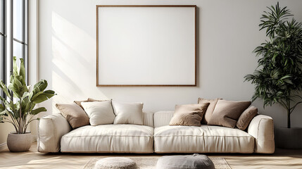Minimalist living room with a white sofa, framed wall art, and natural elements creating a modern and cozy atmosphere