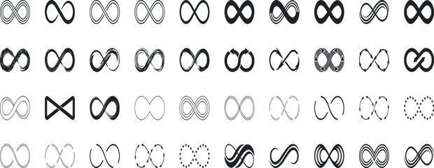 Infinity symbols collection, black infinity vector illustrations on white background. Perfect for logo design, branding, and mathematical representation. Various styles, from classic to artistic