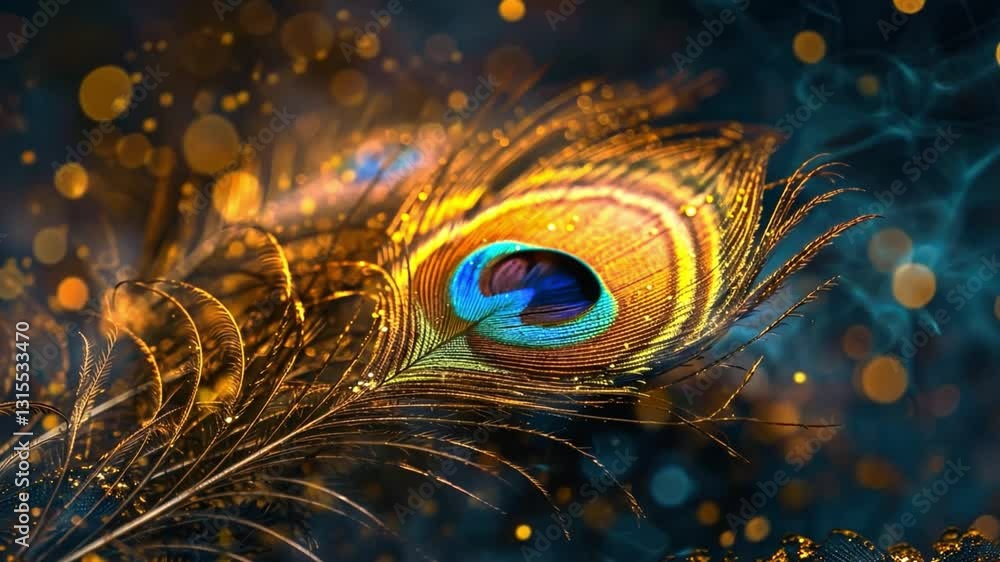 Poster vibrant peacock feather with intricate patterns and vivid colors surrounded by glowing bokeh lights 