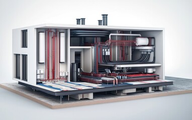Detailed cutaway illustration of a modern house showcasing its complex internal plumbing, electrical, and HVAC systems against a white background