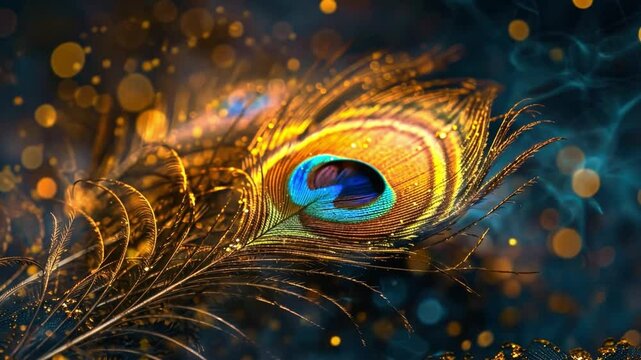 Vibrant Peacock Feather with Intricate Patterns and Vivid Colors Surrounded by Glowing Bokeh Lights Creating Magical and Enchanting Atmosphere