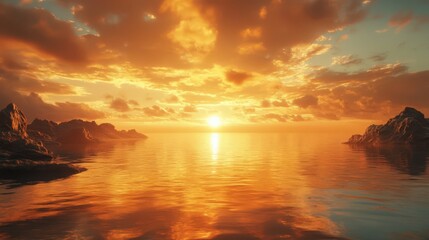 Fiery sunset over a serene ocean landscape with rocky coastal formations
