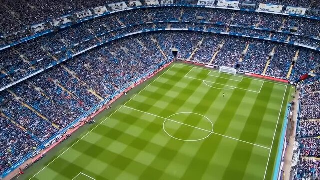 Soccer stadium filling up with fans during daytime