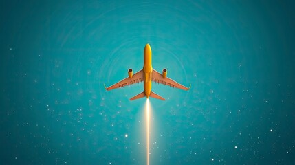Yellow airplane taking off over teal water, viewed from above, with a bright trail.