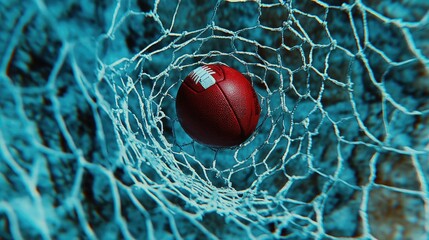 A goal net with a football caught in it, signifying a perfect shot.