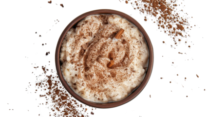 Delicious rice pudding with whipped cream, cinnamon, and chocolate shavings on transparent background