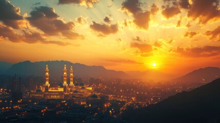 Panoramic vista of cityscape illuminated by radiant sunset with a grand mosque