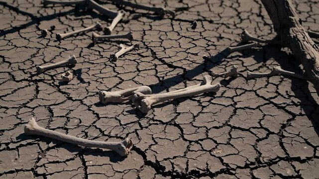 Low-angle video shot of scattered animal bones on cracked, dry earth, highlighting themes of desolation and drought in a stark, natural style.