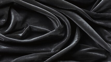 A black crushed velvet fabric background. Beautiful deep black velour fabric with folds background. Dark and luxurious velvet texture.