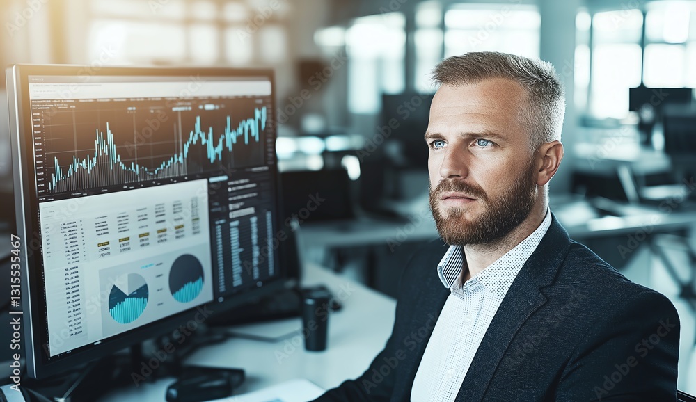 Poster a focused business professional analyzing financial data on a large computer screen in a modern offi