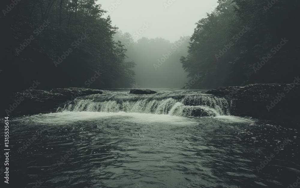 Poster serene waterfall flows through a misty forest. dark green trees frame the scene, creating a moody at