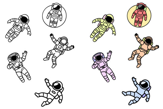 Space vector icons set of funny cartoon floating astronauts in playful poses