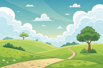 Obraz premium Idyllic sunny day landscape with rolling green hills, path, trees, and fluffy clouds.