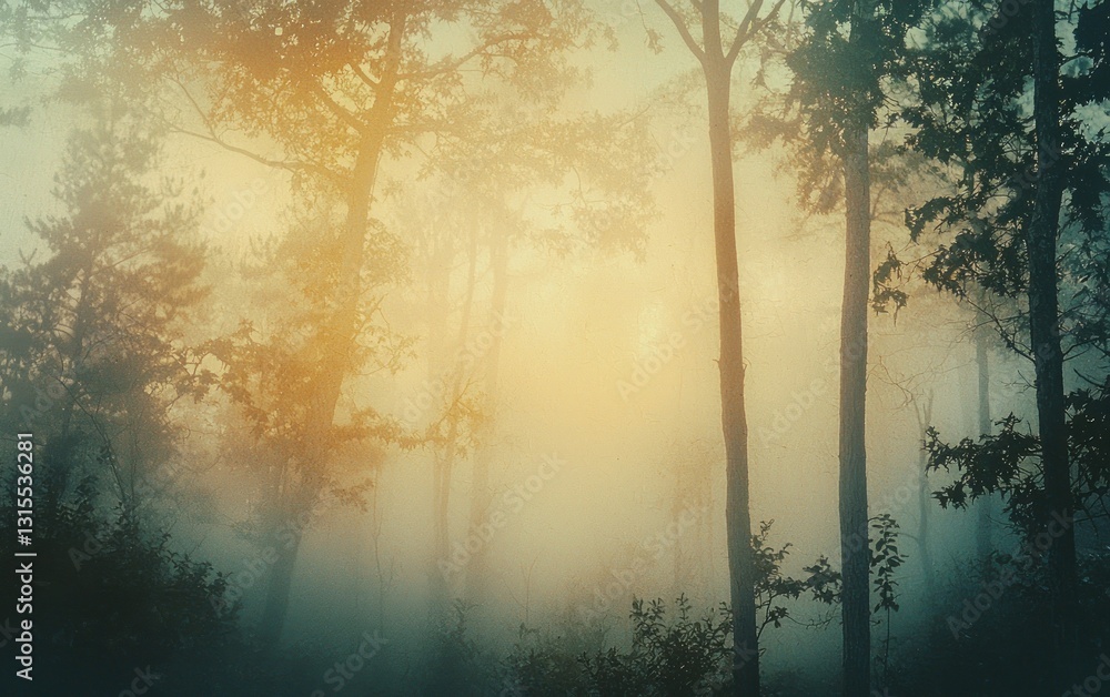 Aufkleber misty forest scene at dawn. warm, golden light filters through the trees, creating a serene and ethe