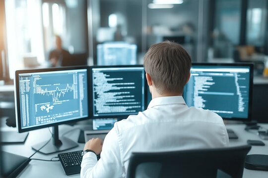 A focused professional analyzes data on multiple screens in a modern office. The atmosphere showcases technological innovation and the importance of data in decision-making.