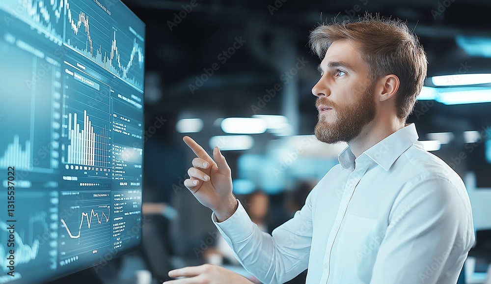 Poster a focused professional engages with a high-tech digital display, analyzing data trends and financial