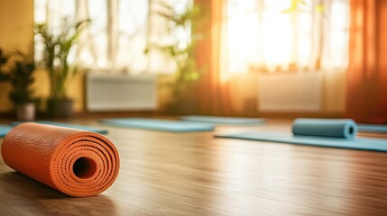 A yoga studio with foam rollers and stretching mats neatly placed.
