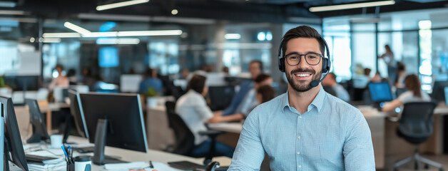 Fototapeta premium A smiling office worker wearing a headset, sitting at a desk in a modern call center