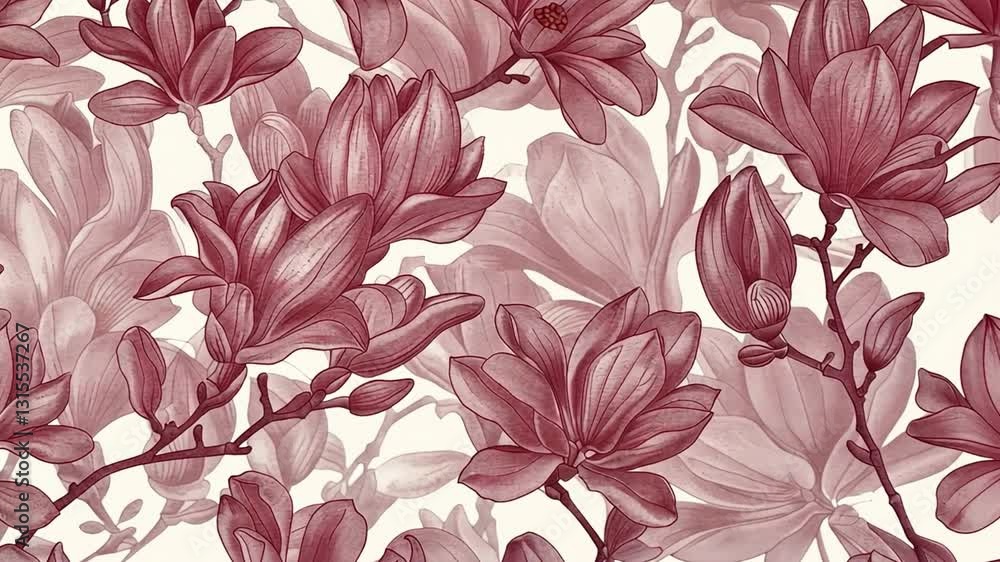 Poster seamless pattern of red magnolia flowers and branches on light background creating elegant and vinta