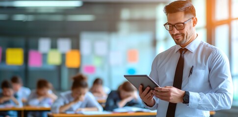 A confident teacher engages with students using a tablet in a modern classroom. The bright atmosphere enhances the learning environment, showcasing technology in education.