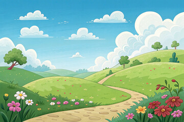 Winding path through vibrant green hills and wildflowers under a sunny sky.