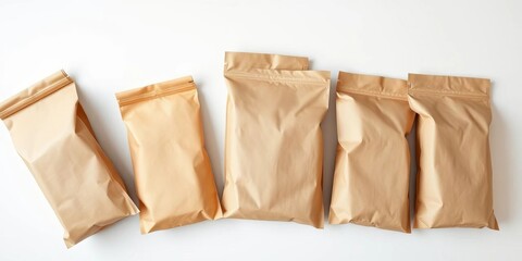 Empty kraft paper coffee bags on pristine white surface, branding, white