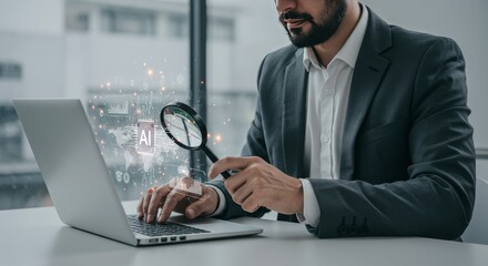 Data processing by AI, big data technology and data science. Businessman with artificial intelligence AI circuit board for analyze data automated chart graph. 