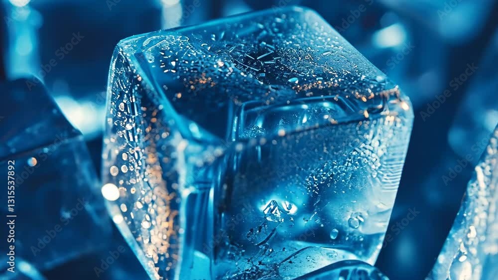 Poster closeup view of ice cubes with blue lighting creating an abstract background effect, ice cubes close