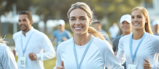A cheerful group of runners participating in a fun run event. The atmosphere is lively as participants enjoy the experience while promoting fitness and camaraderie.