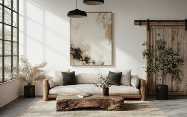 Beige couch in minimalist living room with large window, wooden coffee table, and neutral wall art. Natural light illuminates the space, creating a calm and serene atmosphere