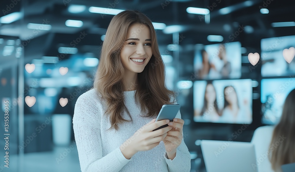 Poster a young woman smiling while using her smartphone in a modern office space. the background features m