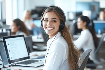 A cheerful young woman with long hair wearing a headset, smiling at the camera while working in a modern office environment with her colleagues in the background.
