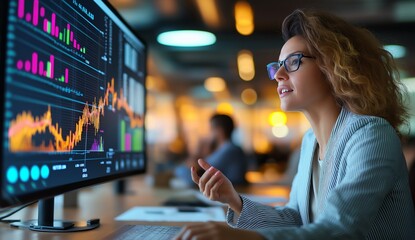 Fototapeta premium A focused professional analyzes financial data on a large screen, showcasing modern technology in a corporate environment, emphasizing strategy and data-driven decision making.