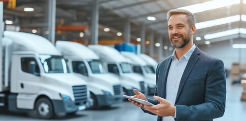 A confident businessman stands in a logistics warehouse, holding a tablet while managing the fleet of delivery trucks