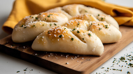 Freshly baked herb and sea salt bread sliced on a wooden board, garnished with thyme and coarse salt