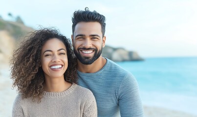 A joyful couple smiles warmly at the beach, embracing love and happiness. Their vibrant energy reflects the beauty of companionship in a serene coastal setting.