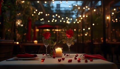Romantic dinner, outdoor patio, night