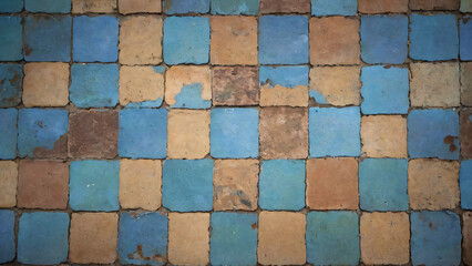 Old, broken blue tile floor