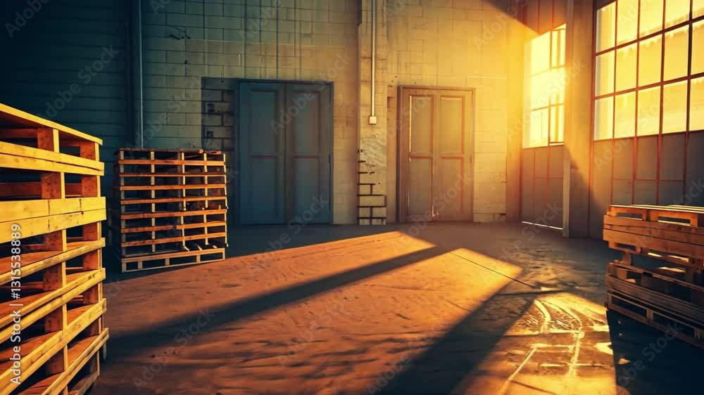 Poster sunlight streams through large windows casting long shadows in empty industrial warehouse with woode