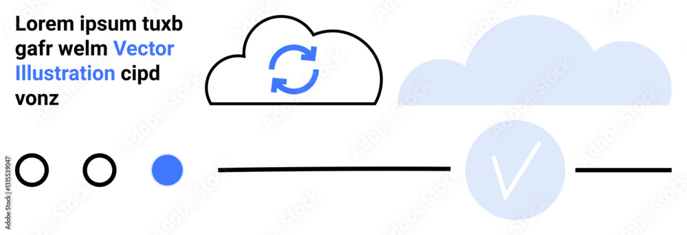 Poster blue cloud with refresh icon, progress dots, and circular check mark symbol. ideal for cloud storage