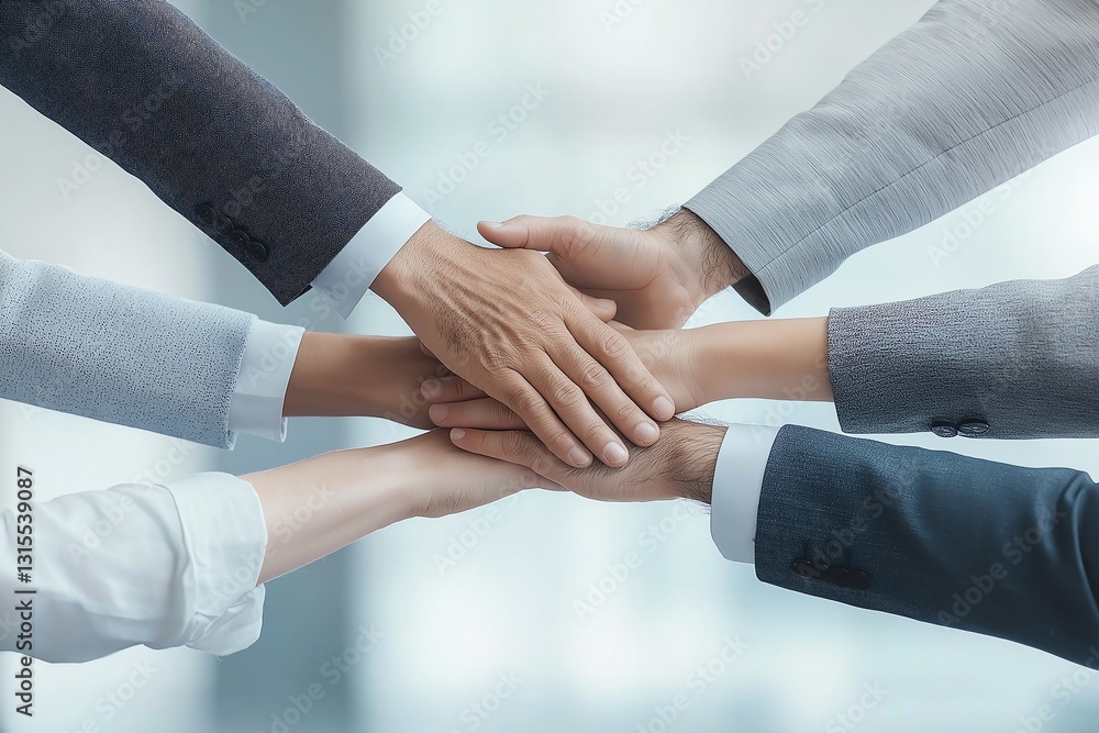 Poster a powerful image showcasing teamwork and unity in a professional setting. hands coming together symb