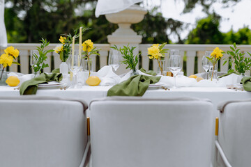 Elegant outdoor table setting with yellow flowers and fresh lemons
