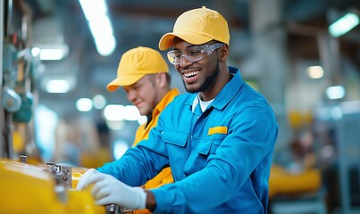 Two workers, one wearing a blue jacket and the other in yellow, operate machinery in a vibrant industrial setting
