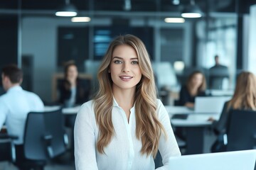 A confident businesswoman smiles at the camera in a modern office setting