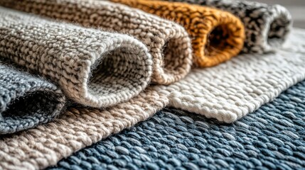 Close-up of Rolled-Up Textured Rugs in Various Neutral Colors